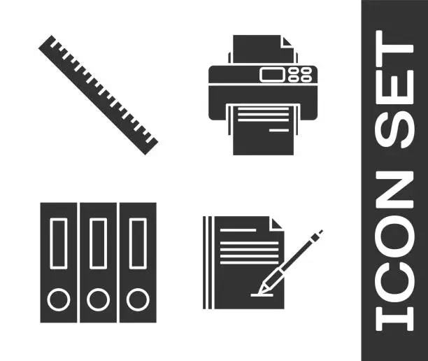 Vector illustration of Set Blank notebook and pen, Ruler, Office folders with papers and documents and Printer icon. Vector