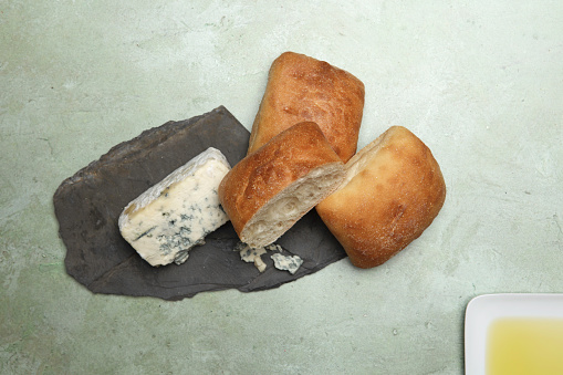 Fresh baked ciabatta rolls with blue cheese