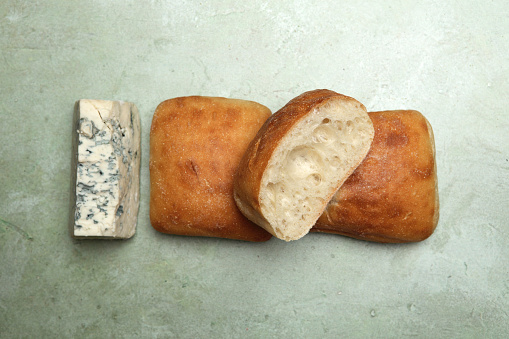 Fresh baked ciabatta rolls with blue cheese