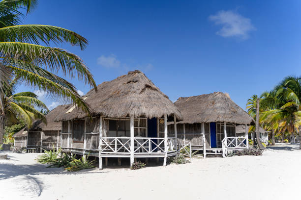 istock couple of cabins in mahahual, withe sand, sunny day,  palm roof 1889971627