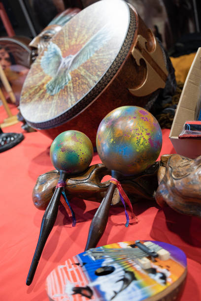 istock Variety of traditional percussion instruments maracas, large drum. 1889979994