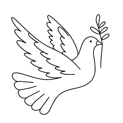 Outline dove peace with branch. Doodle dove with leaf. Hand drawn vector art.