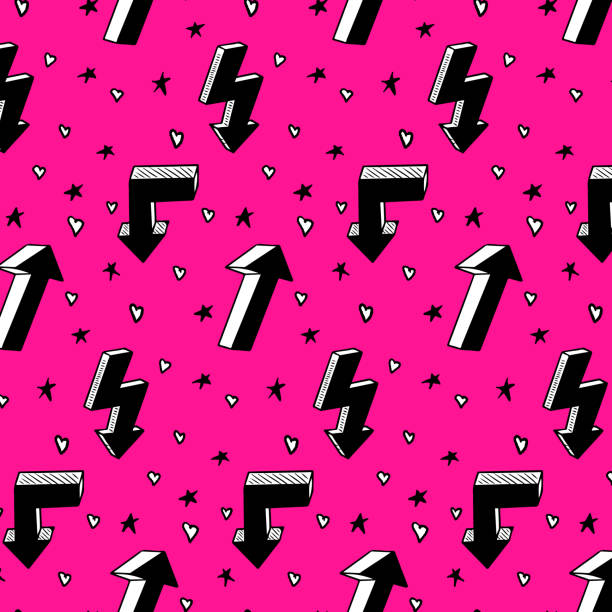 różowy neonowy bezszwowy wzór z czarnymi strzałkami 3d - heart shape pink background cartoon vector stock illustrations
