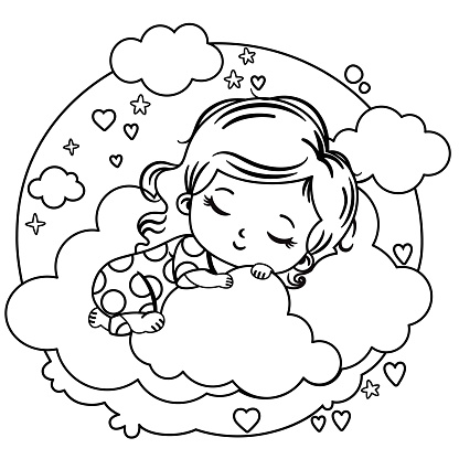 Black and white vector illustration of a little girl sleeping on the clouds.