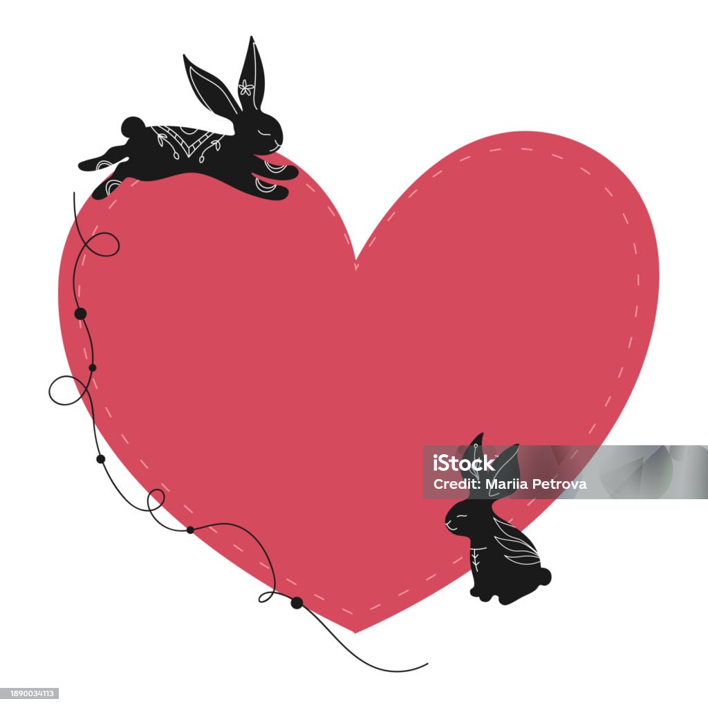 Template Rabbit Heart Heart Template Decorated With Black Rabbit Silhouettes Drawn In Boho ...