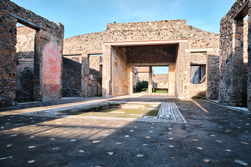 Naples, Italy - October 31 2023: Courtyard garden in a typical Roman villa of the ancient Pompeii