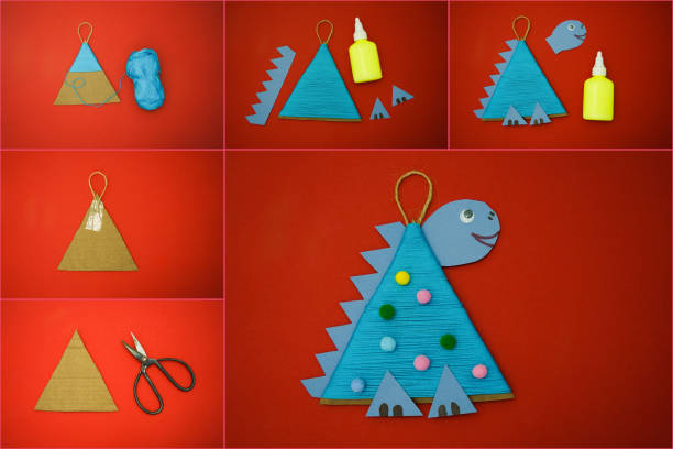 istock Collage with step-by-step instructions how to made christmas tree toy a dinosaur made by a child out of cardboard and red threads lies on a yellow background. The symbol of 2024. 1890048834