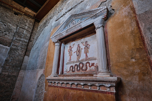 Apollo: Roman Fresco in Pompei, photo taken in the house of Villa dei Triclini, Hospitium Sulpici , Moregine, Pompeii.\n, Naples, Italy