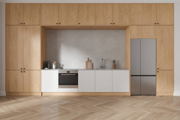 istock Modern home kitchen interior shelves and fridge with oven and kitchenware 1890085323