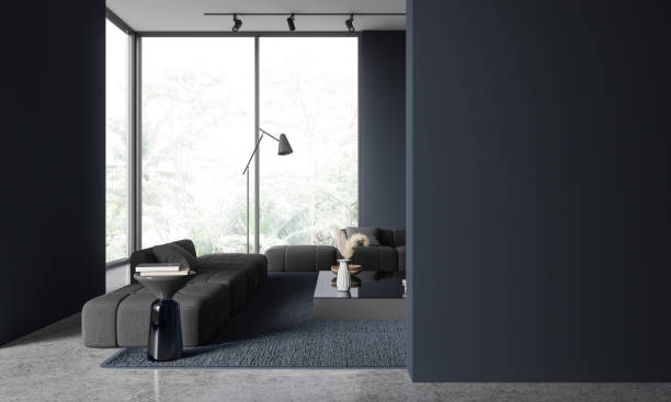 istock Dark blue home living room interior with couch and panoramic window. Mockup wall 1890085820