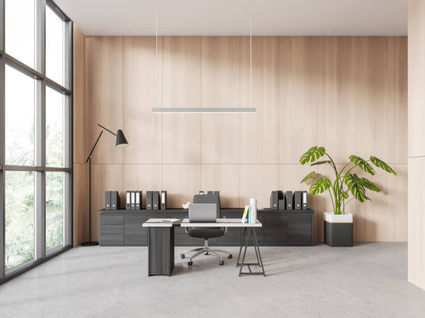 istock Office ceo interior with table and laptop, sideboard and panoramic window 1890086077