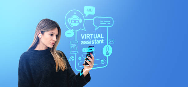 istock Woman portrait using phone, virtual assistant hologram with chat icons 1890088642