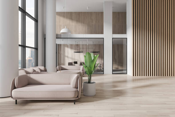 istock Beige business room interior with chill and meeting space and panoramic window 1890090220