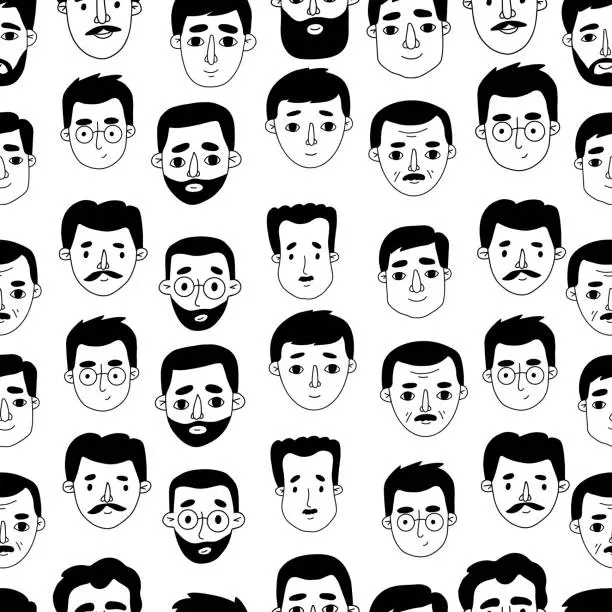 Vector illustration of Seamless pattern of doodle men portraits on white background. Vector illustration.