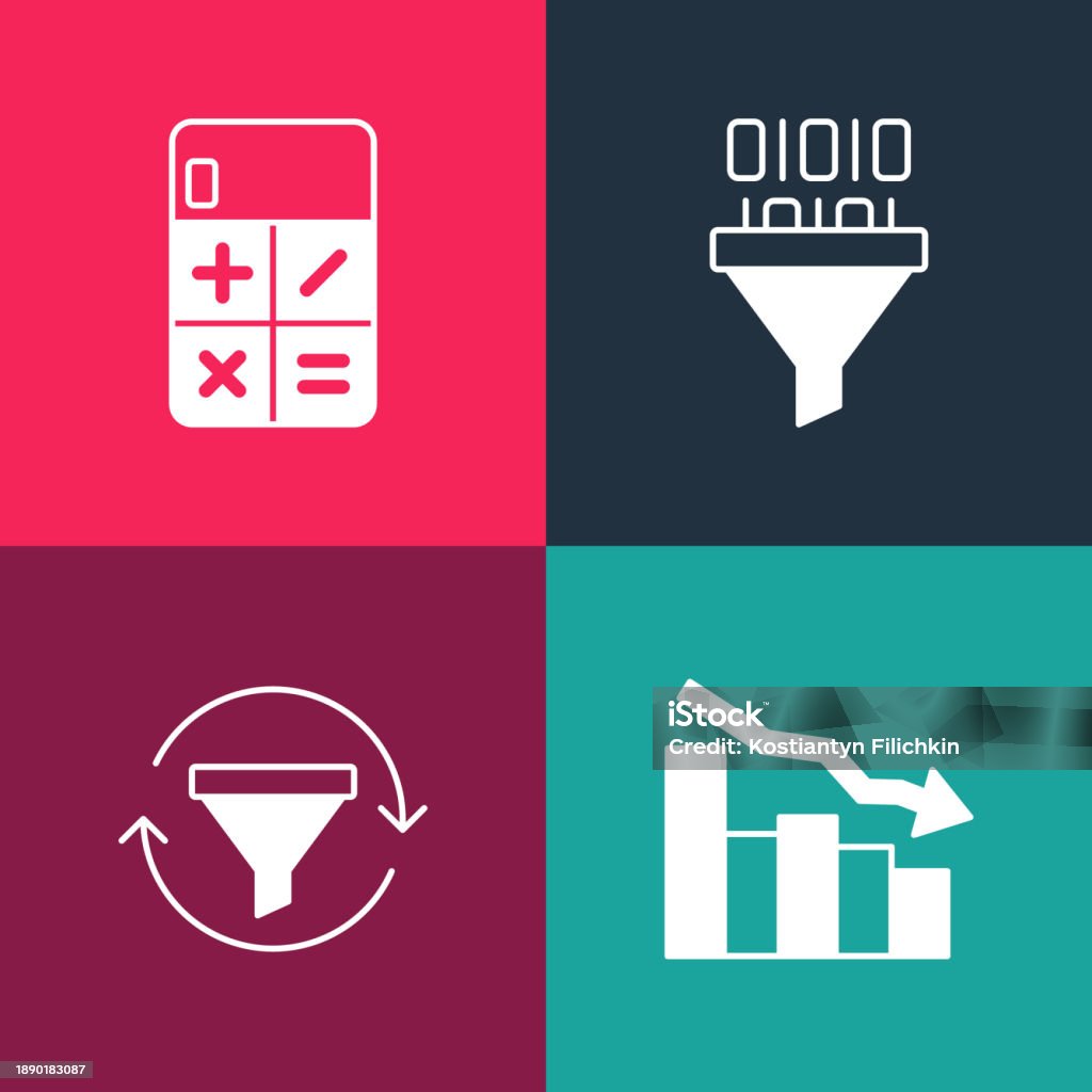 infographic, chart, decrease, graph, finance, down,... Set Pop Art Financial Growth Decrease Sales Funnel With Chart Binary ...