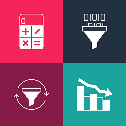 chart, graph, analytics, decrease, analysis, down,... Set Pop Art Financial Growth Decrease Sales Funnel With Chart Binary ...