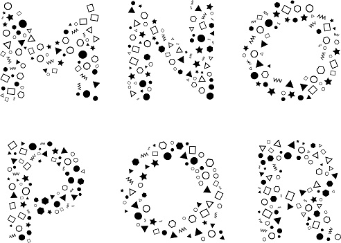 MNOPQR letters design from the alphabet made of geometric shapes namely circle, square, polygon, triangle, line, typographic concept