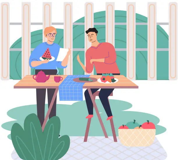 Vector illustration of Men making vegan meal together. Male friends preparing vegetarian food with fruit and vegetables