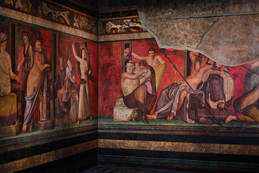 Naples, Italy - October 30 2023: Fresco painting in the Villa of the Mysteries (Villa dei Misteri), archaeological site of Pompeii