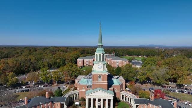 Wait Chapel at Wake Forest University. Aerial rising shot on autumn day in Winston-Salem, North Carolina, USA.