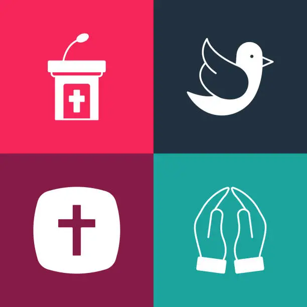 Vector illustration of Set pop art Hands in praying position, Christian cross, Dove and Church sermon tribune icon. Vector