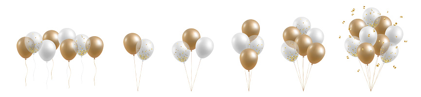 3D realistic helium transparent balloons set. Isolated on white background. Opening, Card, Party, Flyer, Poster, Decor, Banner, Web, Advertising. Glossy metallic golden ballon. Vector illustration.