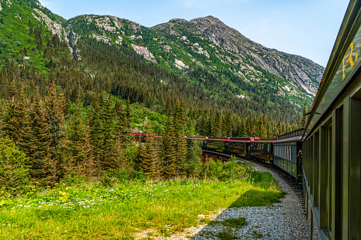 Alaska, USA - July 30, 2023: White Pass Summit excursion tour train, Alaska, USA.