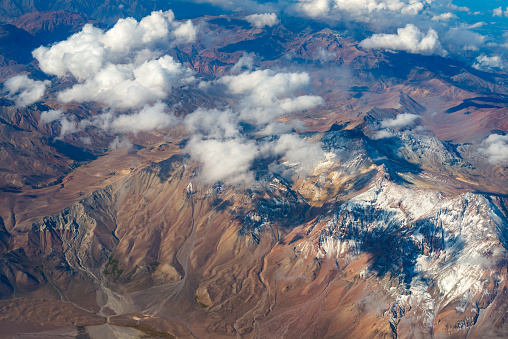 Aerial view of the Andes mountain range in the border between Chile and Argentin