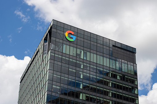 Cambridge, MA, USA - June 28, 2022: Exterior view of Google's office building at 325 Main Street in Cambridge, Massachusetts. Google LLC is an American technology company headquartered in Mountain View, California.