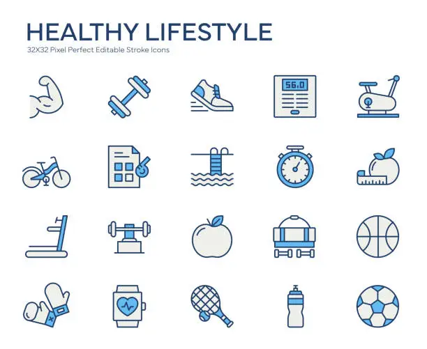 Vector illustration of Healthy Lifestyle Colorful Line Icons