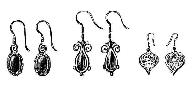 Vector illustration of Hand drawing of set female jewelry vintage earrings from precious metals and stones