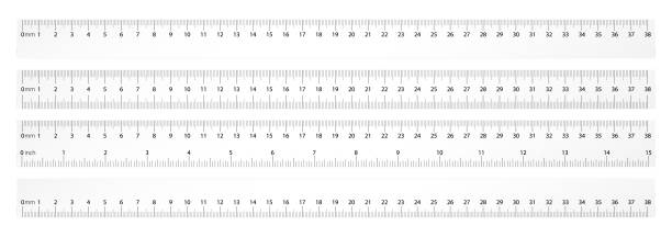 illustrazioni stock, clip art, cartoni animati e icone di tendenza di righello semplice della scuola per le dimensioni della scala, la lunghezza e la larghezza della silhouette del grafico geometrico in matematica. sistemi di misura in mm, cm e pollici. strumento di disegno grafico - pollice sistema metrico anglosassone