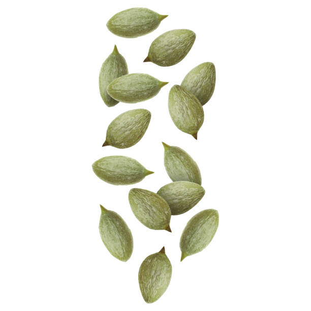 istock Peeled pumpkin seeds falling on white background 1890355575