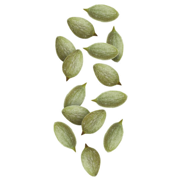 istock Peeled pumpkin seeds falling on white background 1890357991