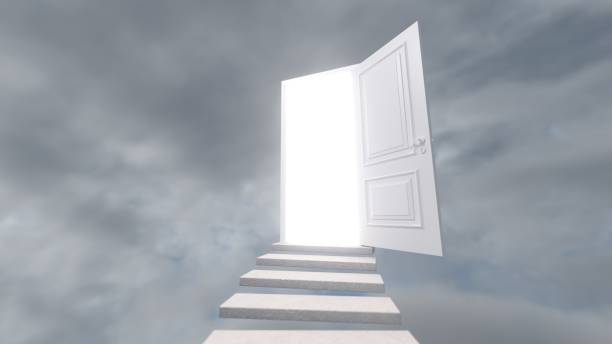 istock White staircase to a open door against a colorful sky 1890362593