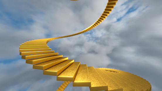 Golden staircase against a colorful sky. Stairway to the Top. Soul Moving to Paradise. 3d render