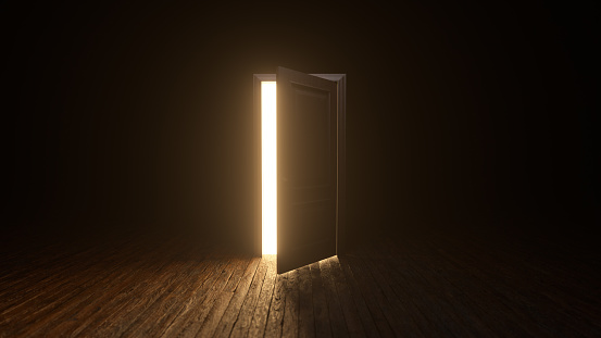 Brown wooden door to the universe. The door open filling with bright warm light. Room with wooden textured floor. Dark to the Light. Entrance or exit, way out concept. 3D render