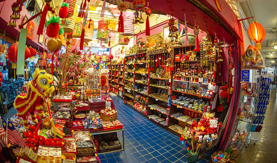 February 15 -2023-Kuala Lumpur Malaysia-souvenir shop with lanterns and very colourful traditional objects