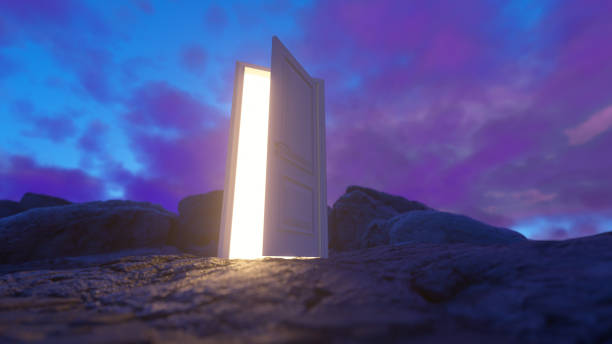 istock The door open and a bright orange light fills the space 1890369713
