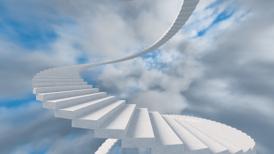 White staircase against a colorful sky. Stairway to the Top. Soul Moving to Paradise. 3d render