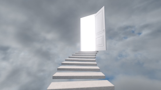 White staircase to a open door against a colorful sky. Stairway to the Top. Soul Moving to Paradise. 3d render