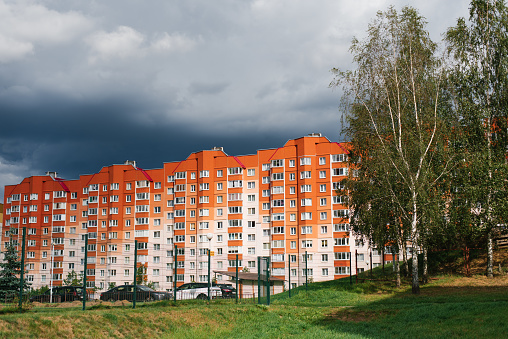 Borovlyany, Belarus. Multi-storey houses in Zeleny Bor, Lesnoy agro-town, Borovlyany