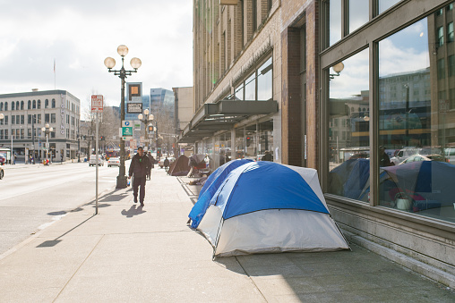 Seattle, Washington, USA. Homeless tents on a city street, in downtown
