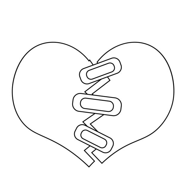 разбитое сердце, соединенное нитками лейкопластыря в черно-белом цвете - relationship difficulties heart shape bandage adhesive bandage stock illustrations