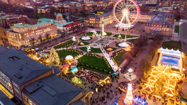 Drone point of view  on Stuttgart Christmas market n Stuttgart Mitte (Stuttgart castle square Schlossplats)