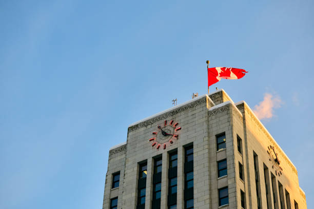 Vancouver Town Hall with Canadian flag.