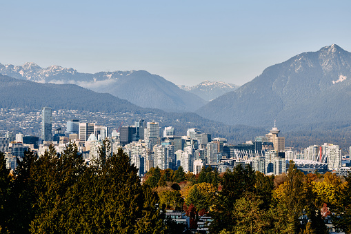 Vancouver cityscape in autumn. Copy space.
