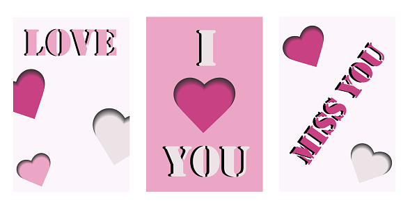 Love concept posters set. Pink hearts in paper cut style. Valentine's day banners or greeting cards. Vector illustration