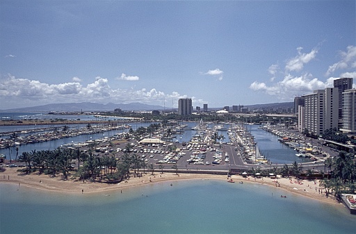 Hawaii, USA, 1975. Waikiki harbor and beach.