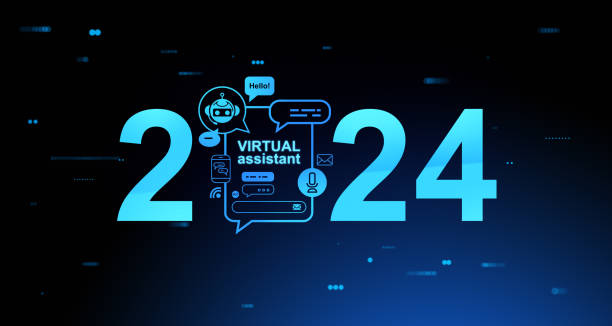 istock Virtual assistant hologram with 2024 year and chat bot icons 1890459427